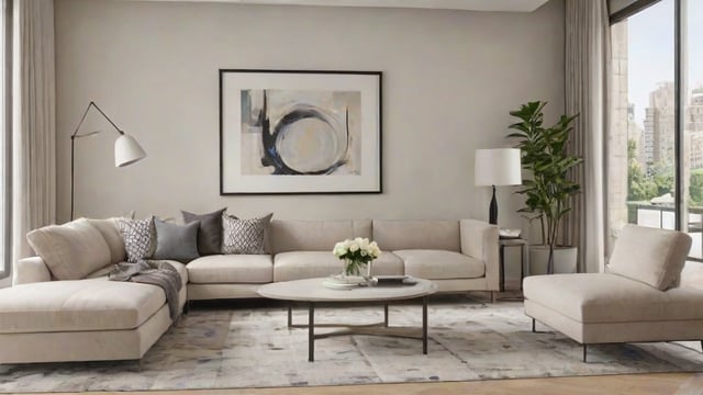 A contemporary living room with a large white couch, a coffee table, and a painting on the wall. The room is decorated with a rug and a potted plant, and features a vase of flowers on the coffee table.