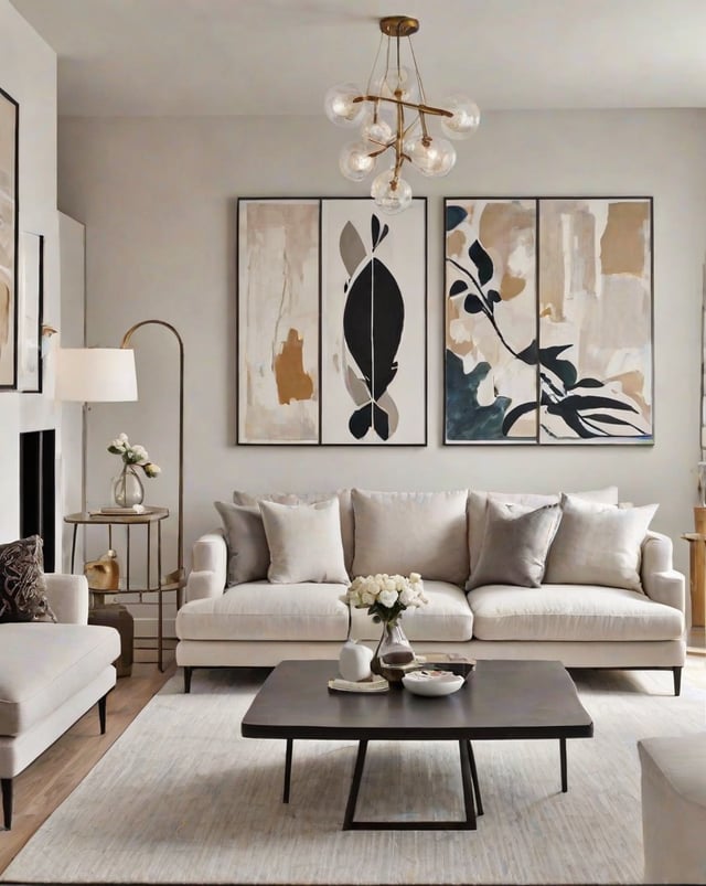 A contemporary living room with a couch, coffee table, and paintings on the wall.