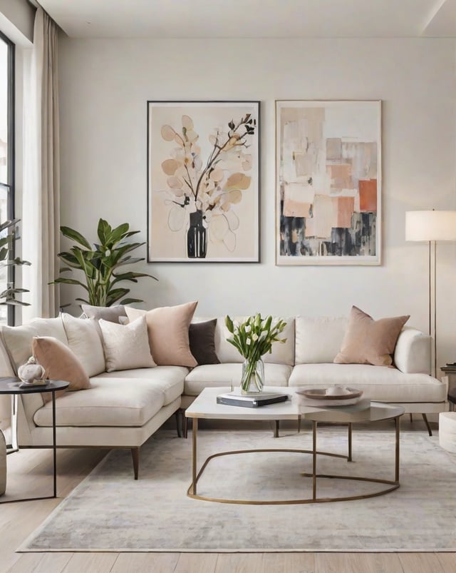A contemporary living room with a white couch, a coffee table, and two pictures on the wall. The couch is adorned with pillows and a vase of flowers sits on the coffee table. The room is decorated with potted plants and has a large window that lets in plenty of natural light.