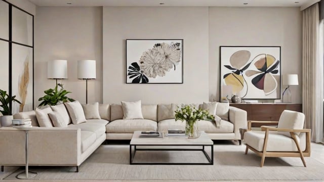 A contemporary living room with a white couch, coffee table, and two pictures hanging on the wall. A vase of flowers adds a touch of elegance to the space.