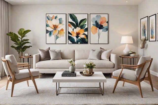 A contemporary living room with a white couch, a coffee table, and a rug. The room is decorated with three paintings of flowers hanging on the wall above the couch.