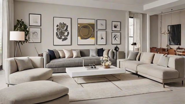 A living room with a white couch, a coffee table, and artwork on the wall. The room is decorated with a rug and a vase of flowers.
