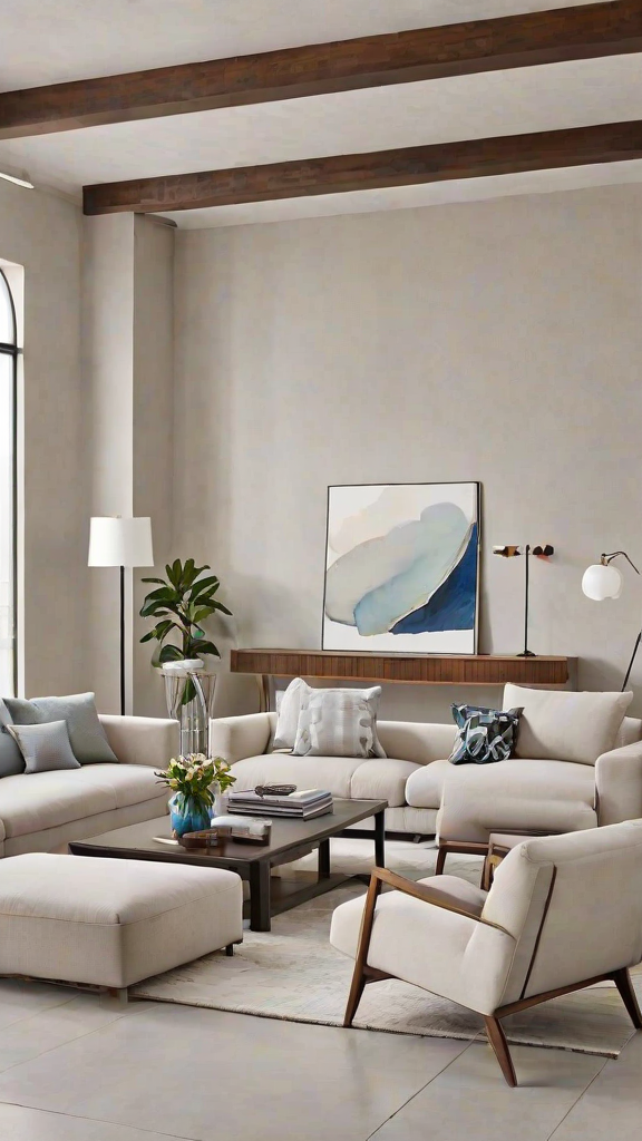 A living room with a white couch, a painting on the wall, and a vase of flowers. The room is decorated in a contemporary style.
