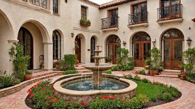 A Spanish style house with a fountain in the middle of a garden. The garden is filled with potted plants and flowers.