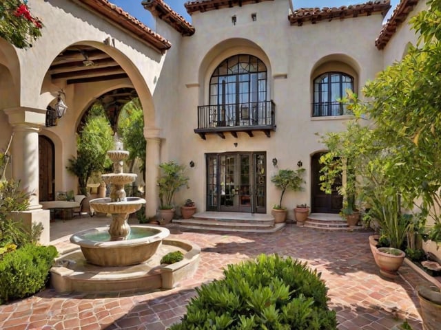 A Spanish style house with a fountain in the front yard. The house has a large window and a balcony on the second floor.