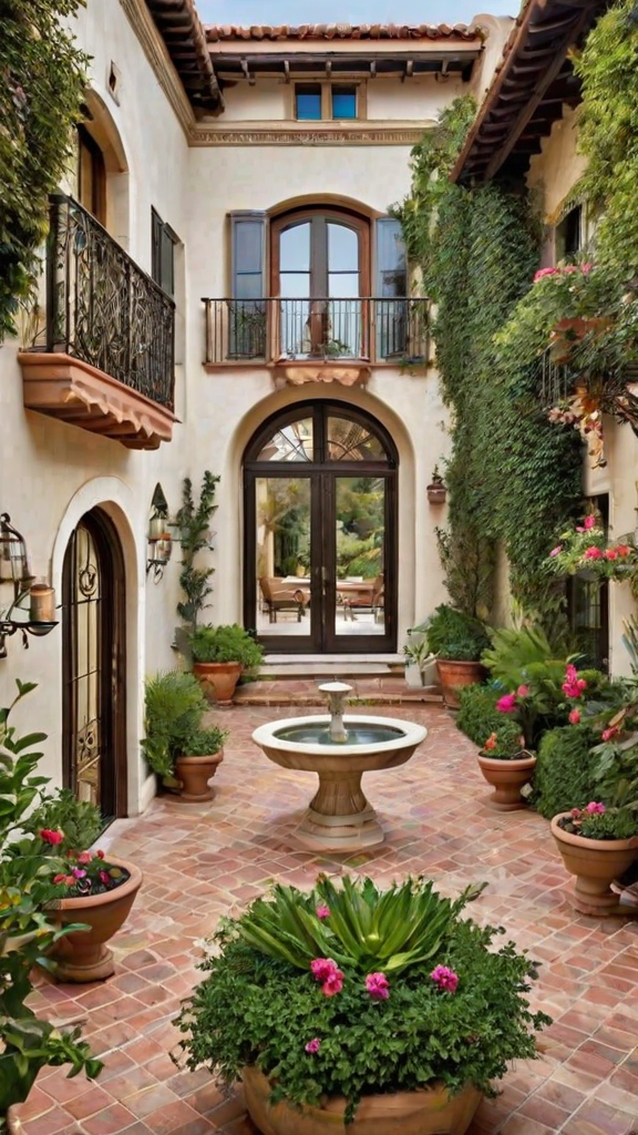A Spanish style house with a brick patio featuring a fountain and surrounded by greenery.