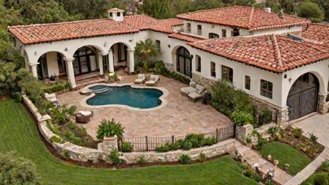 A house with a pool and patio area. The house has a Spanish style design with a red tile roof.