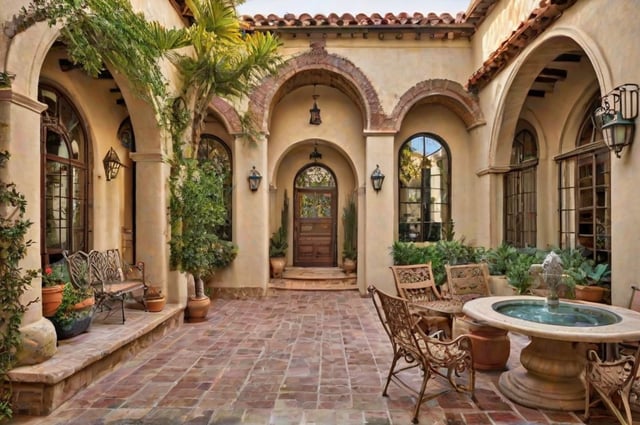 Spanish style house with a courtyard and a fountain