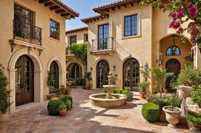 A Spanish style house with a courtyard in the middle, surrounded by potted plants and a fountain.