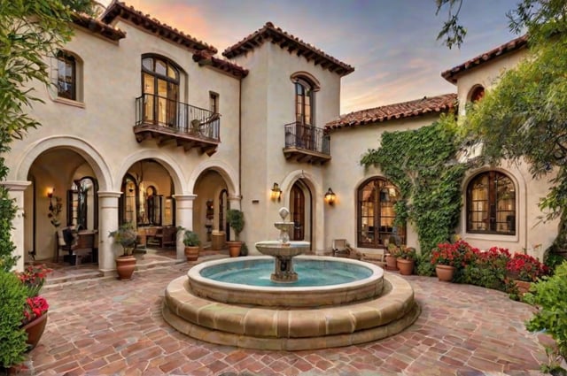 A Spanish style house with a fountain in the middle of a courtyard.