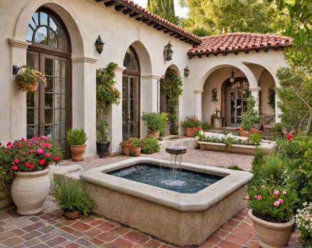 A house exterior with a fountain in the middle of a courtyard surrounded by potted plants and flowers.