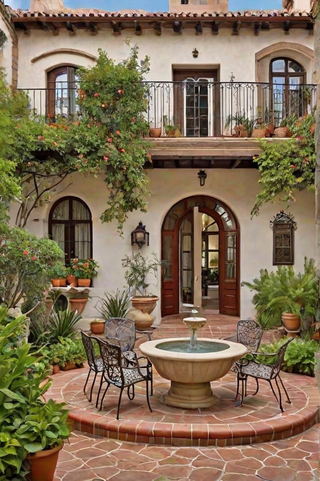A house exterior with a fountain and potted plants. A circular table with chairs is placed in the middle of the patio.