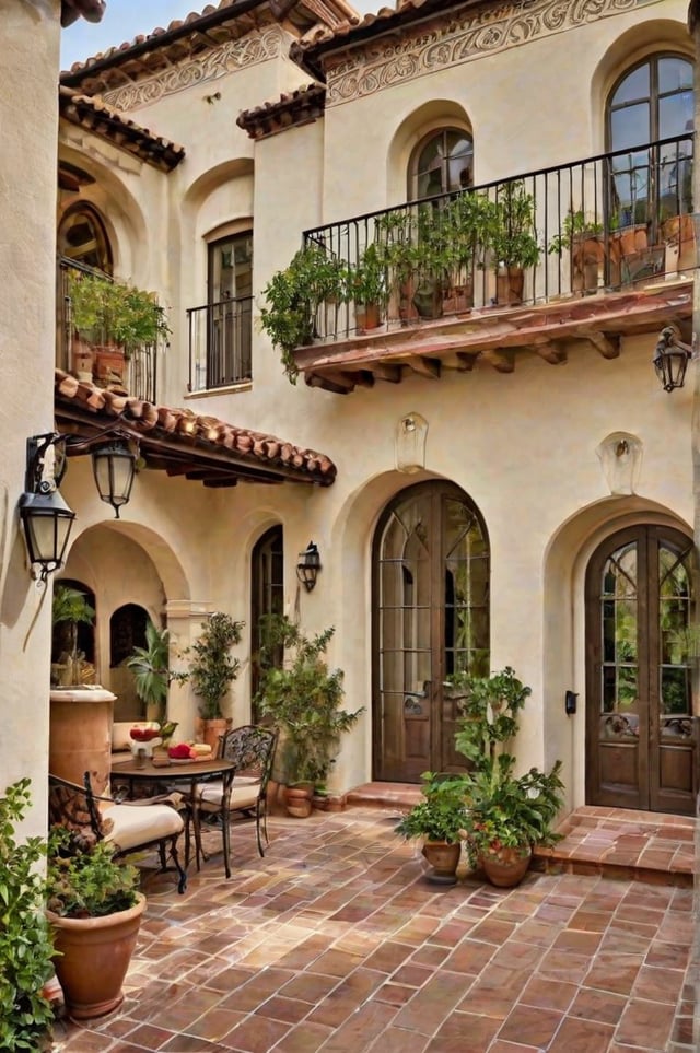 A house exterior with a patio and staircase. The patio is decorated with potted plants and a dining table. The staircase leads to a balcony with a railing and more potted plants.