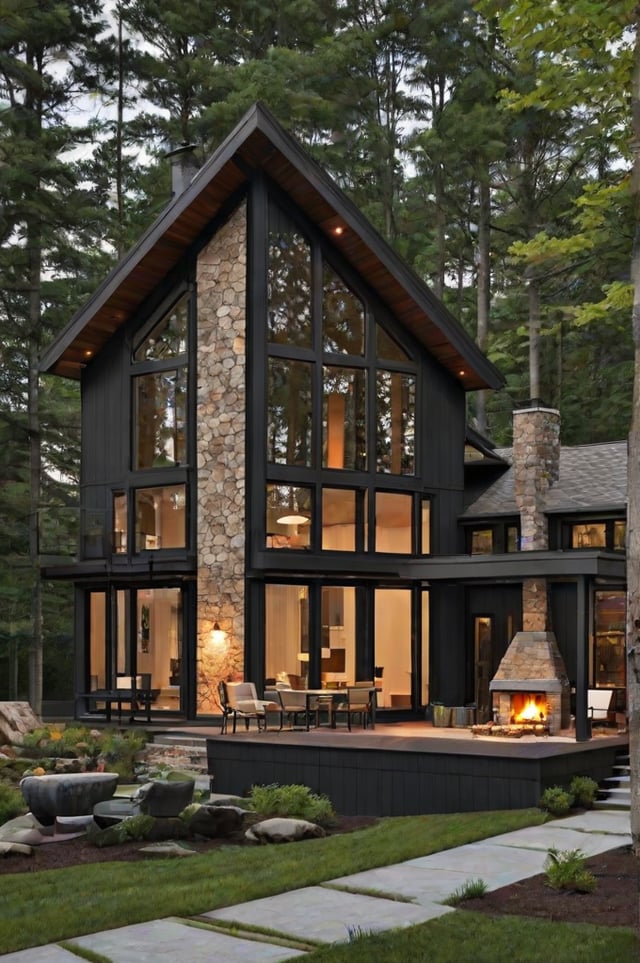 A modern house with a stone exterior, a fireplace, and a deck. The house has a cozy living room with a couch and chairs.