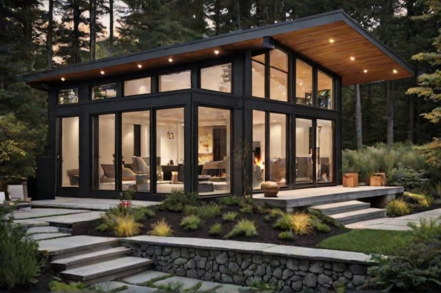 A modern house exterior with a large glass wall and a fireplace. The house has a black and white color scheme and is surrounded by a forest.