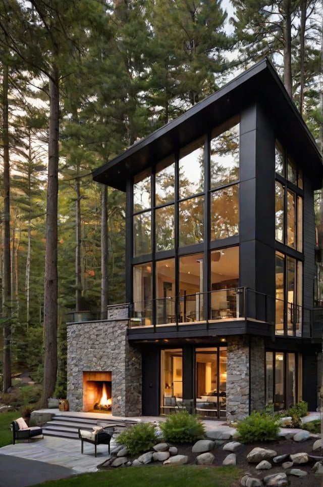 A modern house with a stone fireplace and large windows overlooking the woods.