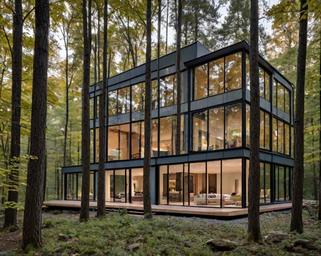 A modern house with glass walls and a wood deck in the middle of a forest.
