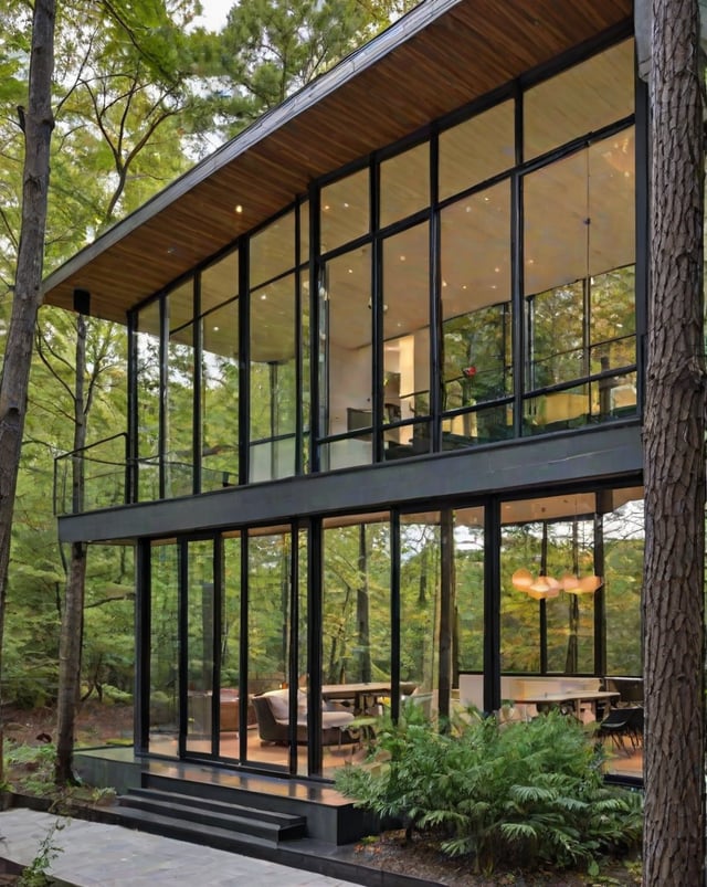 A modern house exterior with a large glass wall and a deck overlooking the woods.