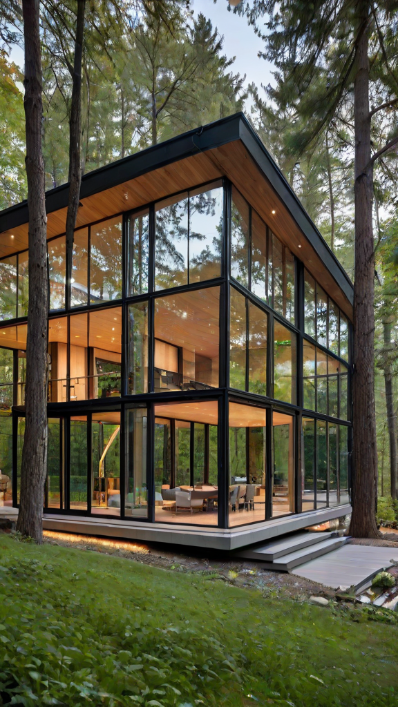 Modern house exterior with large glass wall and deck overlooking the woods