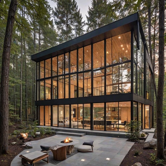 Modern house with a large glass wall and a fire pit in the backyard
