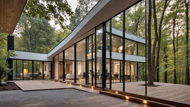 A modern house exterior with a large glass wall and a wood deck, surrounded by trees.