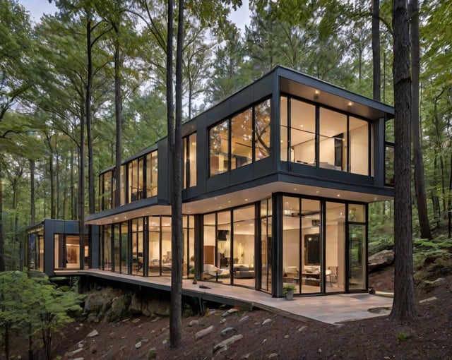 A modern house with a deck overlooking the woods. The house has large windows and a unique design.