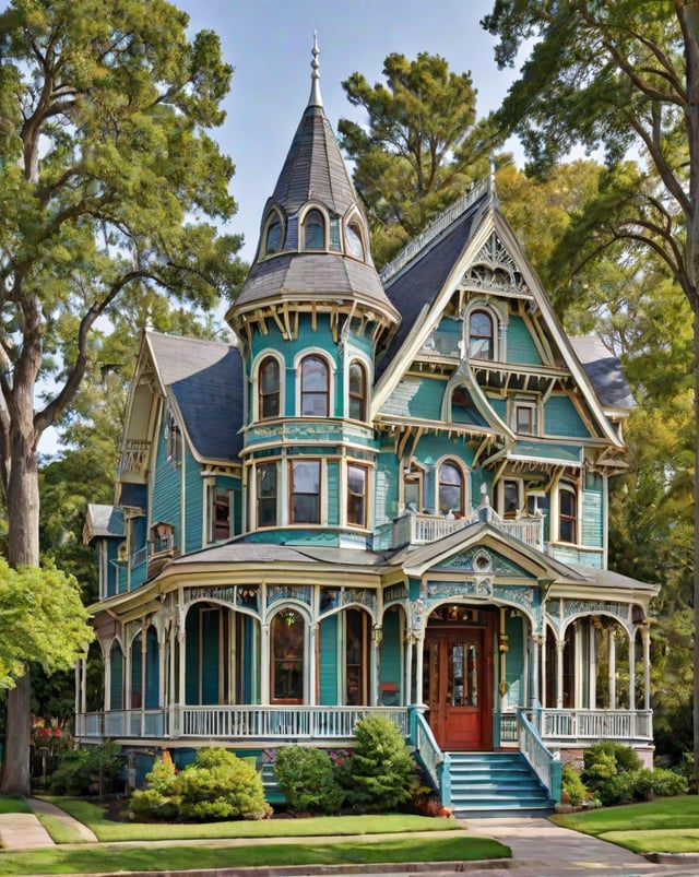 A large blue Victorian house with a green roof and a pointy top. The house has a wrap around porch and a staircase leading up to the entrance. The house is surrounded by trees and has a large lawn.