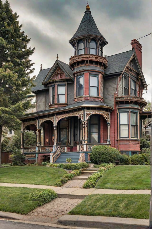 A large Victorian style house with a wrap around porch and a steep roof.