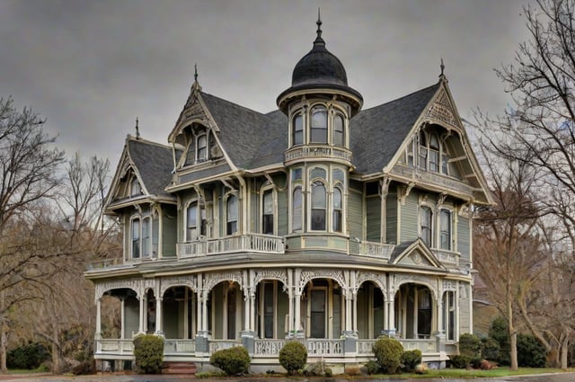 Victorian house exterior with a black roof and a cupola on top.