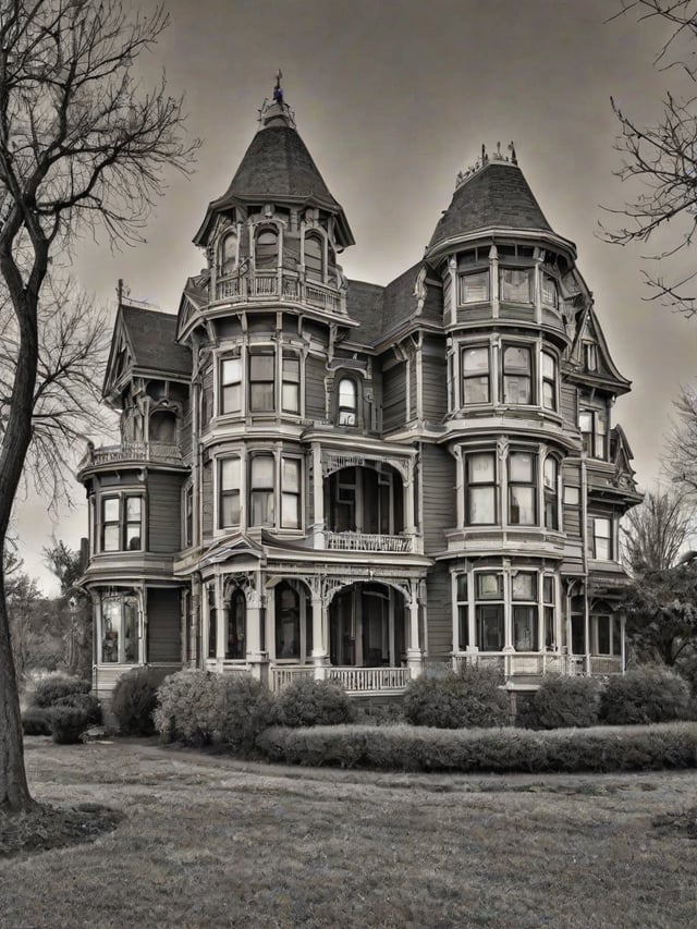 Victorian house exterior with a wrap around porch and pointed roof. Black and white color scheme.
