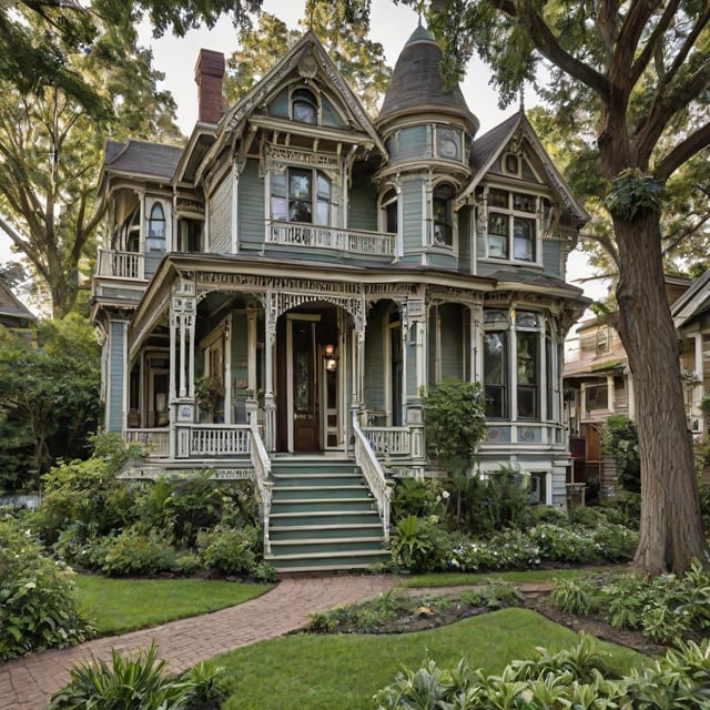 A large Victorian house with a green roof and a wrap-around porch. The house is surrounded by a garden and has a white exterior with green trim.