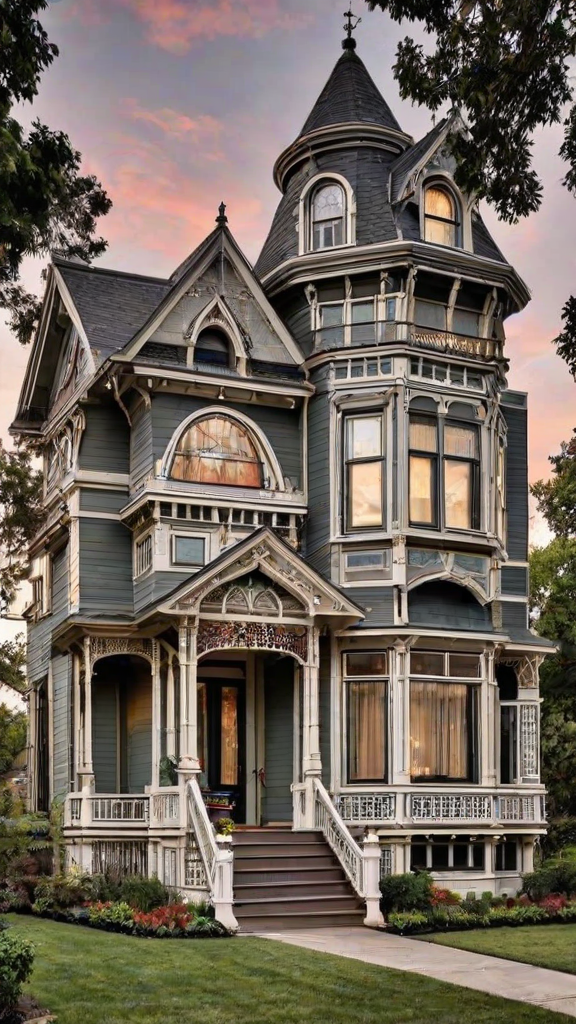 A large Victorian house with a wrap around porch and a tower. The house is painted in a dark blue color with white trim.