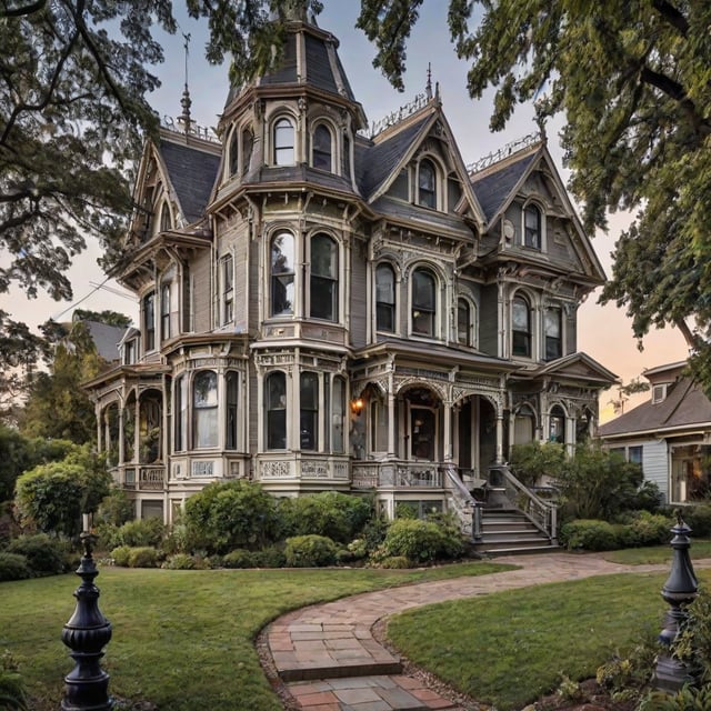 A large Victorian house with a wrap around porch and a brick walkway leading to the front door. The house is surrounded by trees and has a large yard.