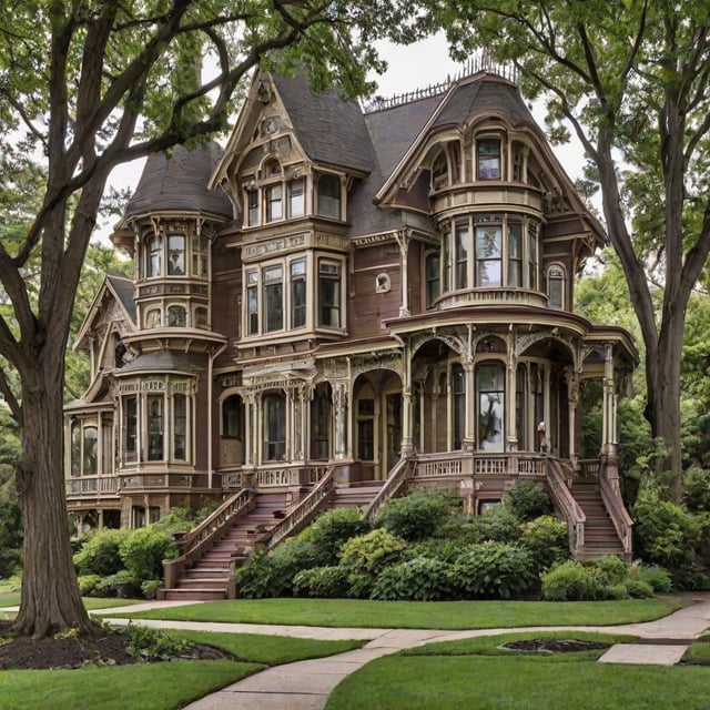 A large Victorian house with a wrap around porch and a tree in front of it. The house has a beautiful garden in front of it and is surrounded by trees. The house has a large front lawn and is situated on a corner lot.