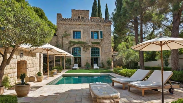 Mediterranean house exterior with a large pool and patio area