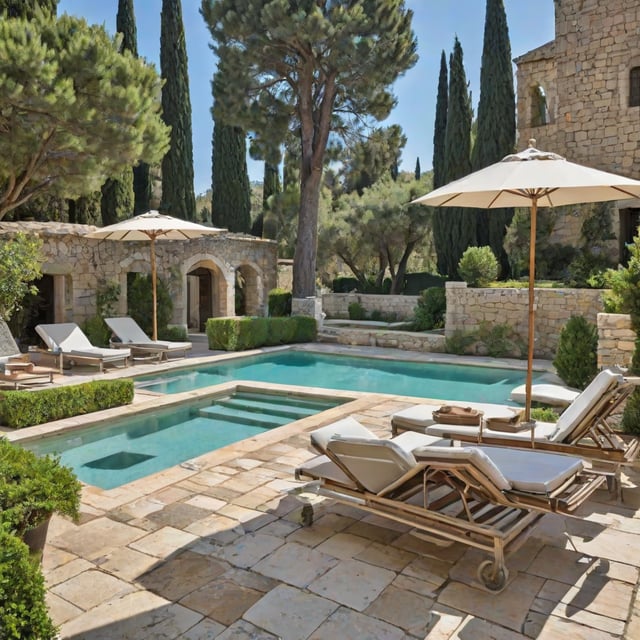 Mediterranean-style house with a large pool and patio area, featuring several chairs and a large umbrella.
