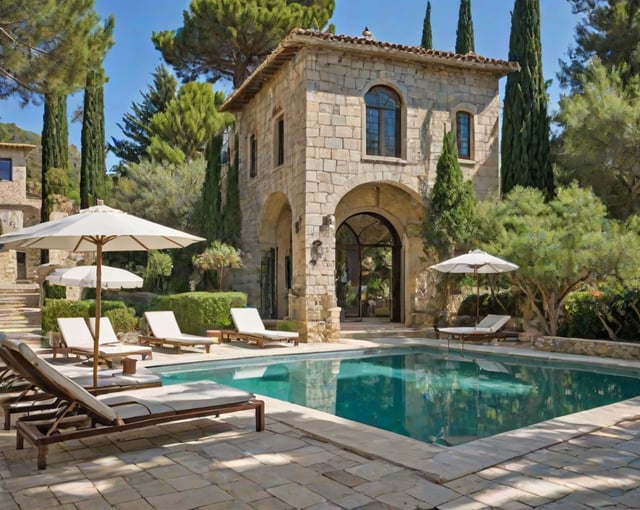 Mediterranean house exterior with pool and patio area