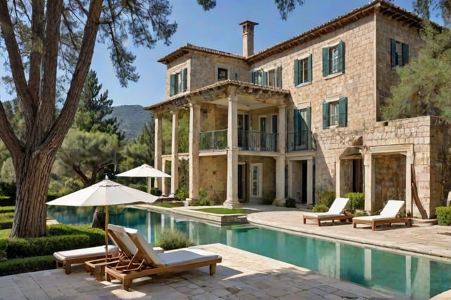 Mediterranean-style house with a large pool and patio area