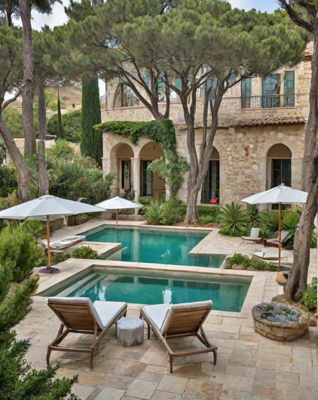Mediterranean house exterior with a pool and outdoor seating