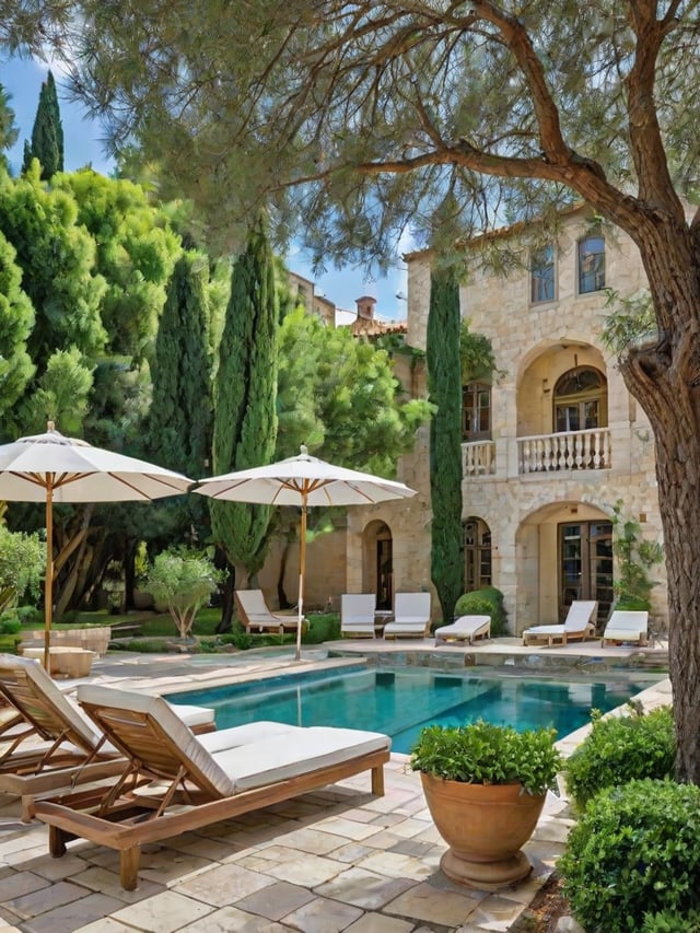 Mediterranean house exterior with a large swimming pool and patio area