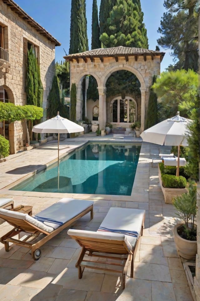 Mediterranean-style house exterior with a large pool and patio area, featuring chairs and umbrellas.