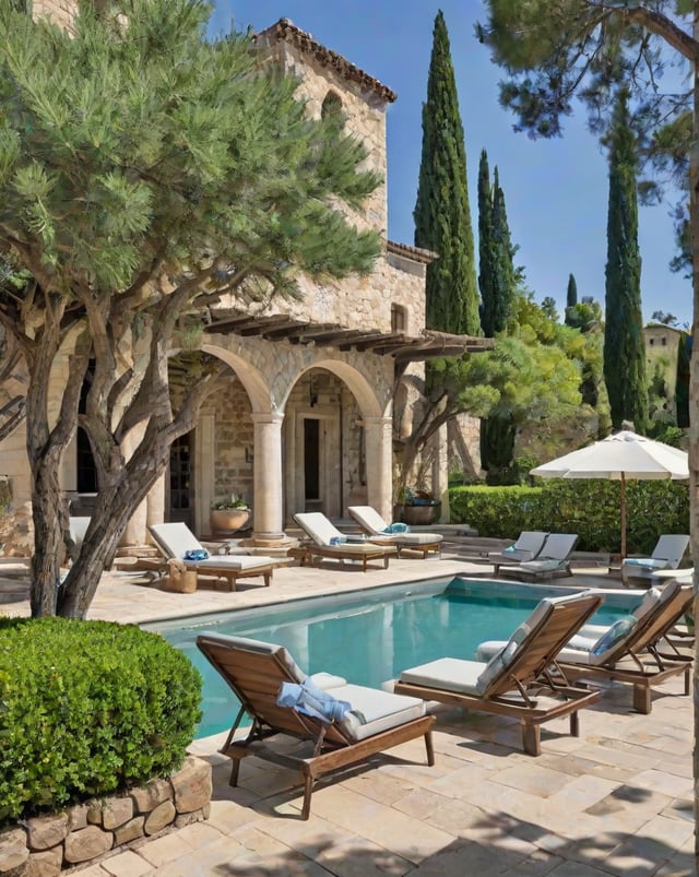 Mediterranean-style house with a large swimming pool and patio filled with lounge chairs.