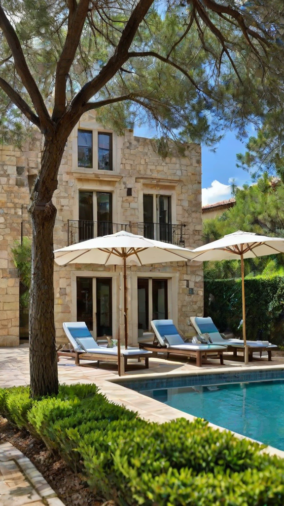 Mediterranean-style house with a large pool and patio area, featuring several chairs and umbrellas.