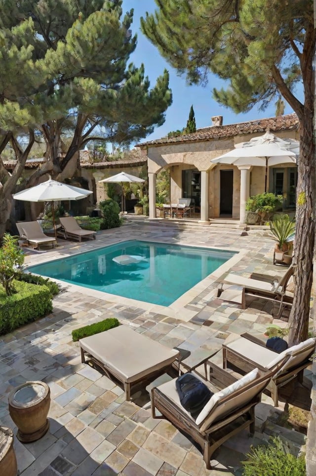 Mediterranean-style house with a large pool and patio area, furnished with chairs and umbrellas.