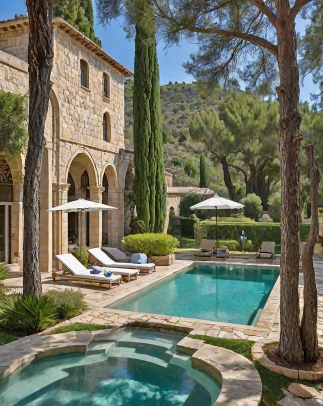Mediterranean-style house with a large swimming pool and patio area