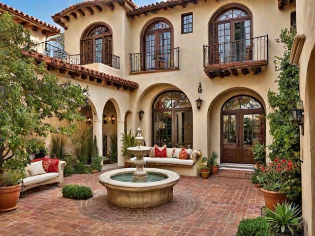 Mediterranean house with a garden and a fountain in the middle