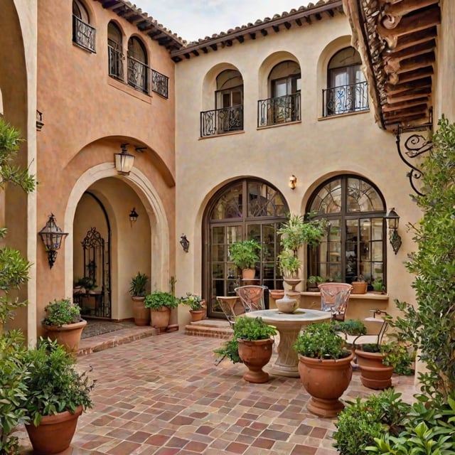 Mediterranean-style house with a garden filled with potted plants and vases. The garden features a fountain and a variety of flowers and greenery.