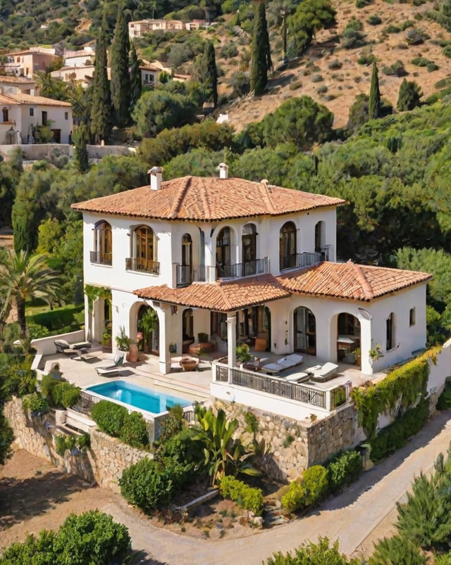 A large white Mediterranean house with a red tile roof and a pool. The house is surrounded by a lush green garden.