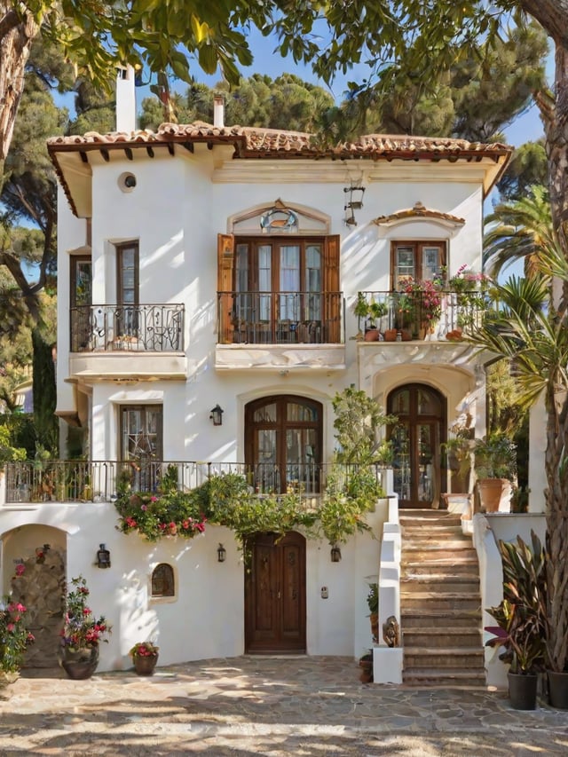 A white Mediterranean house with a garden and stairs leading up to the entrance. The house has a balcony with potted plants and flowers, and the entrance is adorned with a vine-covered doorway.