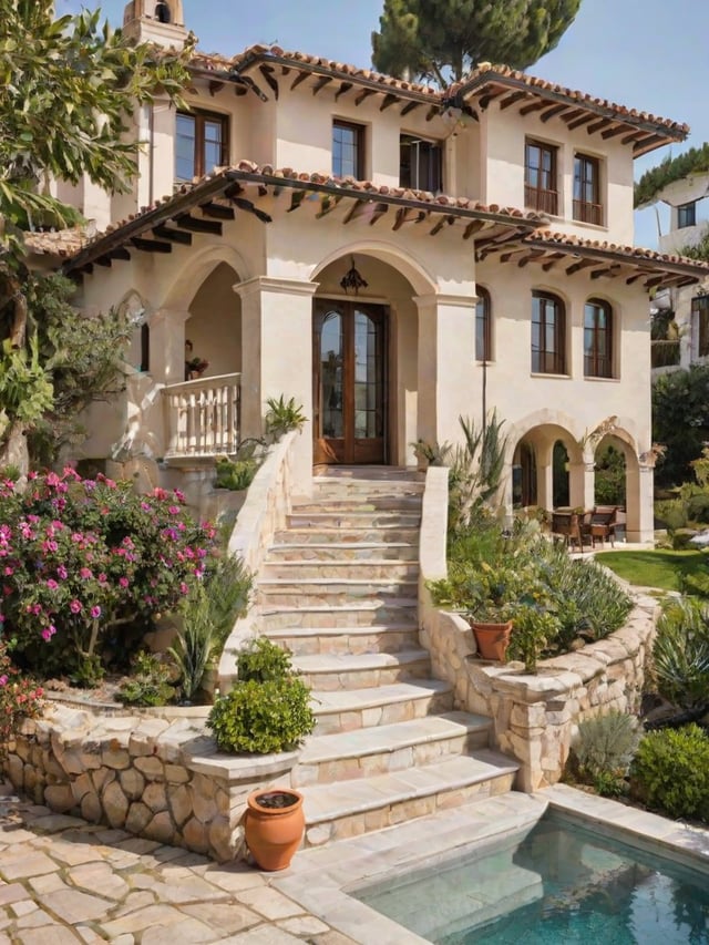 Mediterranean-style house with a beautiful garden and a large tree ...